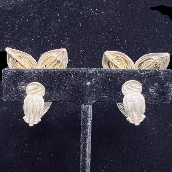 Silver Tone And Gold Tone Wire Wrapped Leaf Clip On Earrings & Brooch Set (4604) - Picture 5 of 7